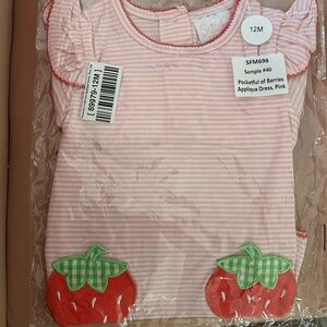 Stitchy Fish Pink Striped Dress with Strawberry Appliques